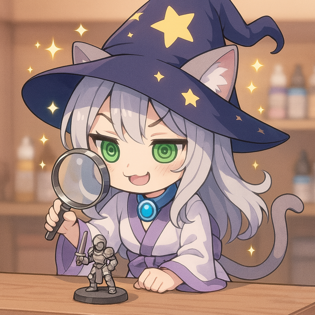 A catgirl wizard diligently inspects products for quality