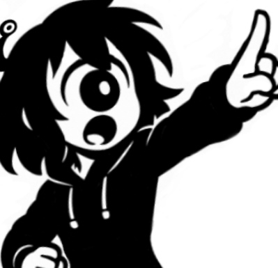 A black and white cartoon character with large eyes and spiky hair pointing to the right with their index finger.