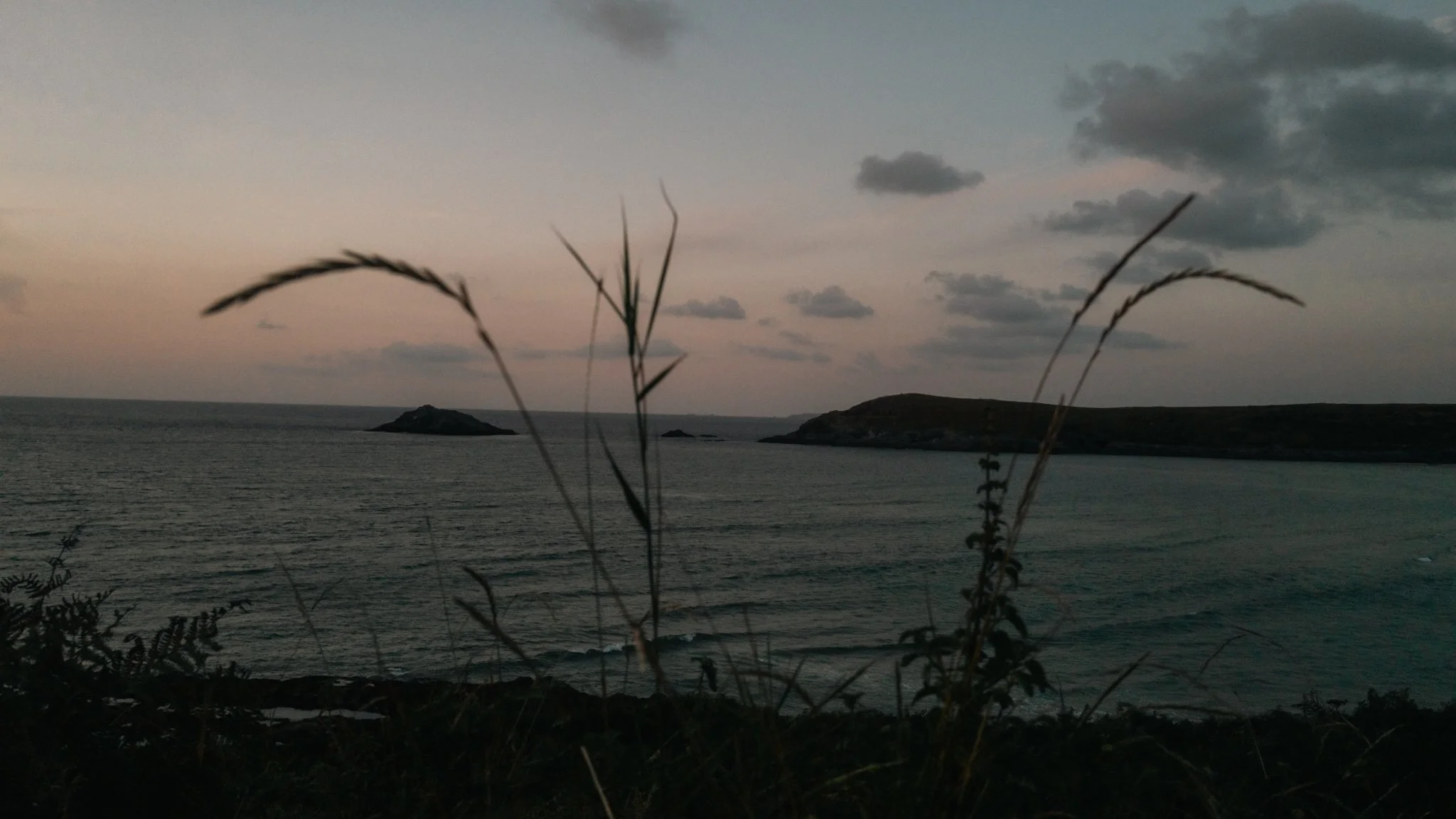 A seaside landscape at dusk with a calm ocean, small islands in the distance, a cloudy sky, and grass in the foreground.