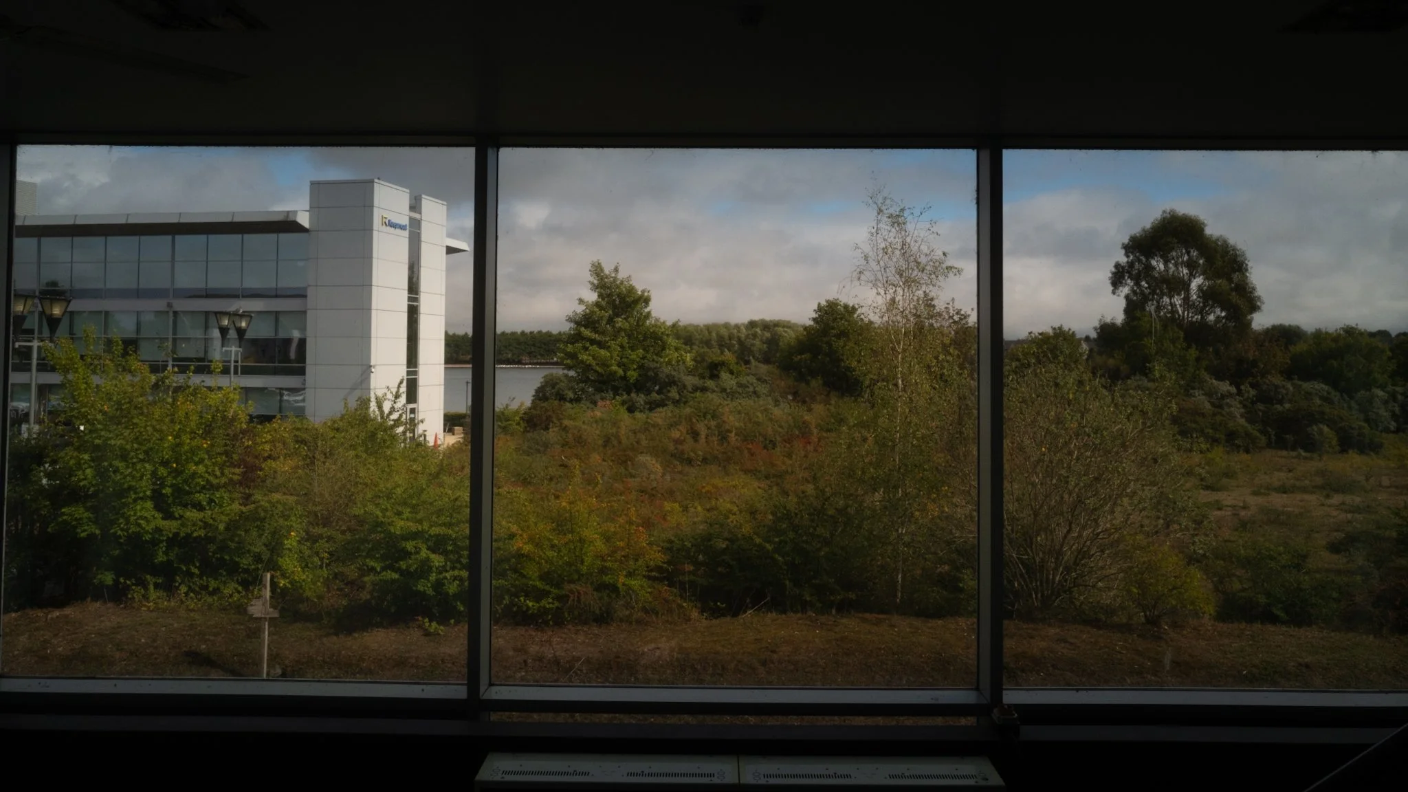 View through a large window showing trees, bushes, and an office building with glass windows and a white exterior, with a lake and cloudy sky in the background.