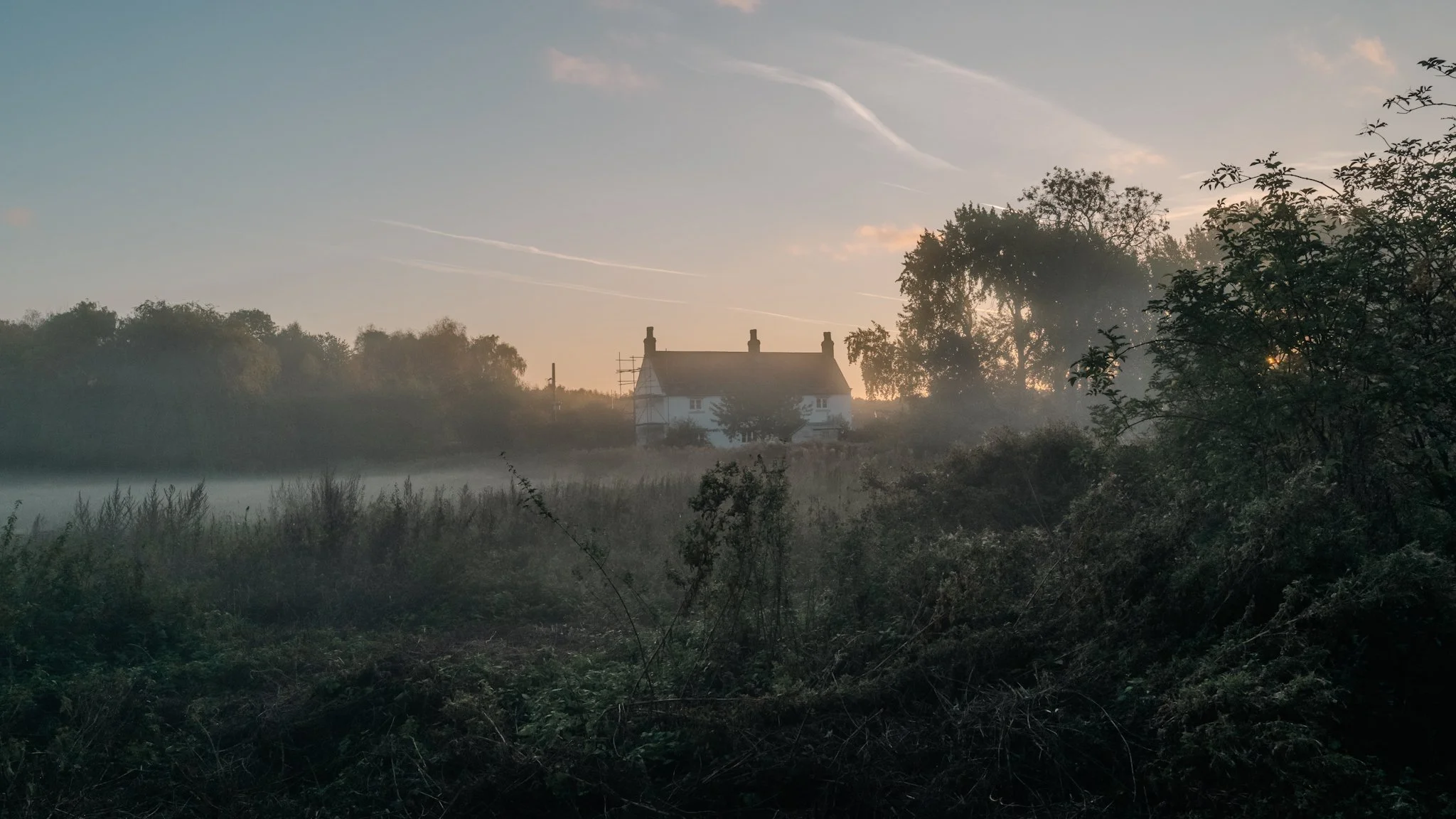 A house in the distance surrounded by trees and bushes, with morning fog and sunlight creating a misty scene.