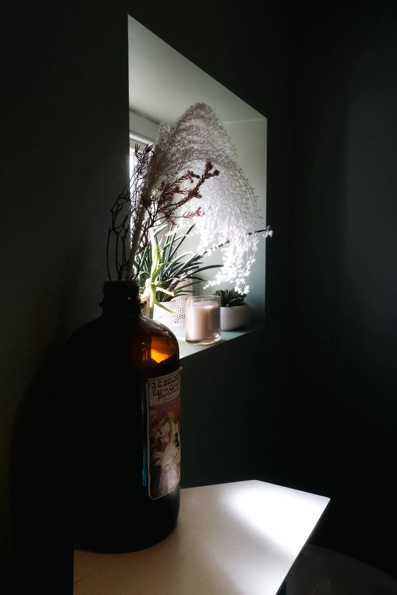 A dark interior corner near a small window with sunlight illuminating plants, a candle, and a decorative vase on a white surface.