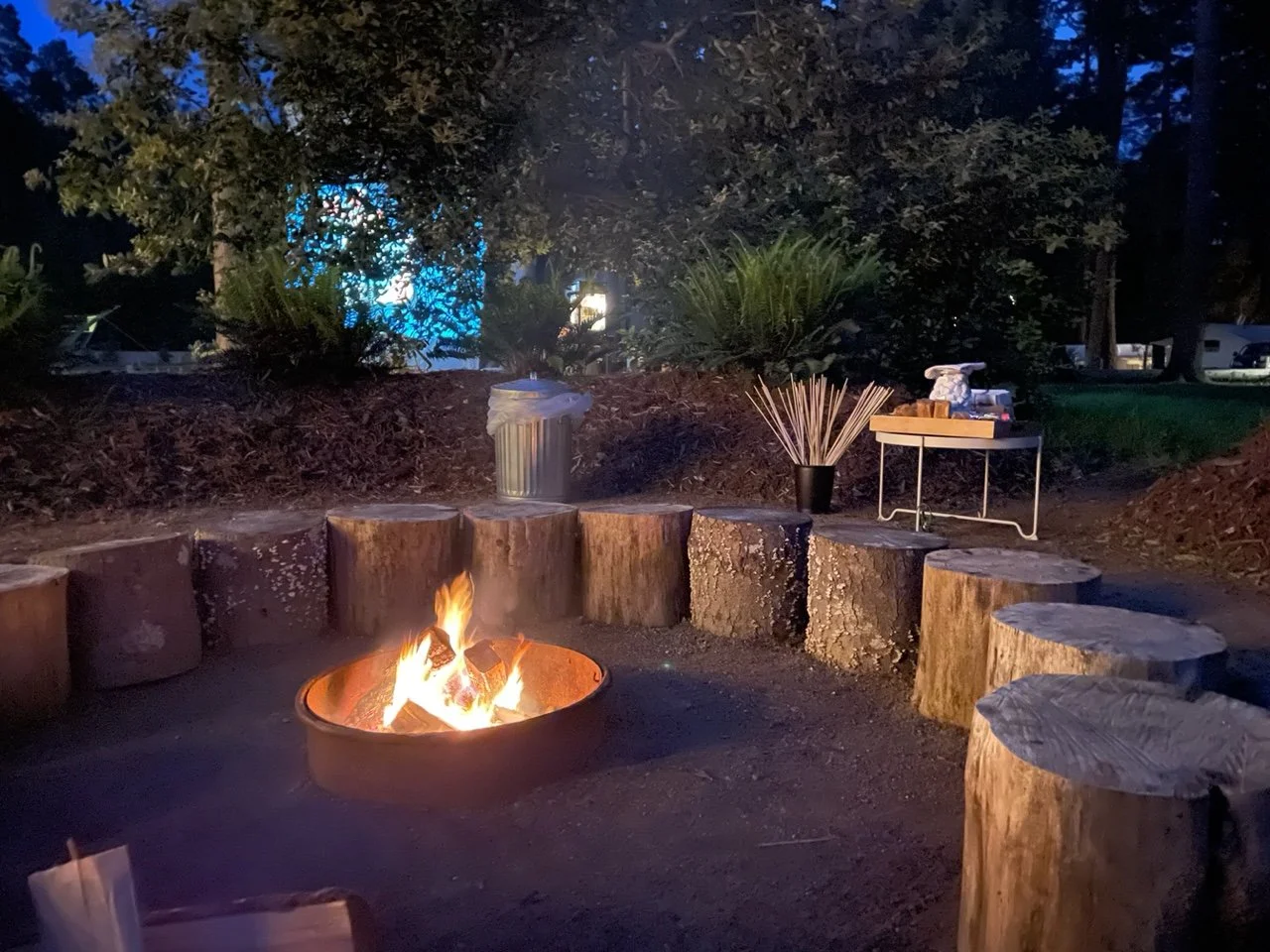 tree stumps around a campfire with s'mores ingredients on a nearby table