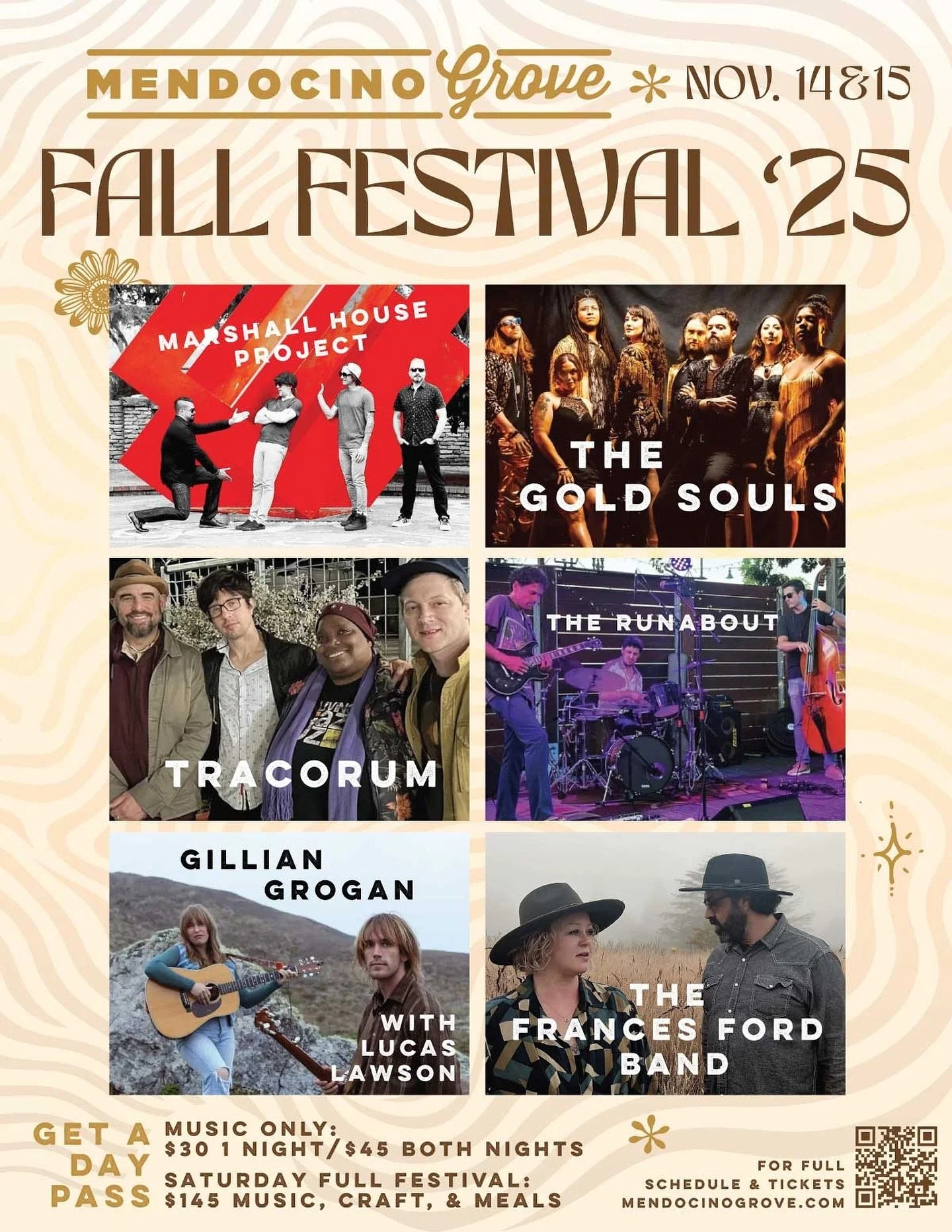 LOCALS! Don&rsquo;t miss out! Fall Fest is back at Mendocino Grove! Celebrate with us tonight! Locals Music Only Passes are available Friday and Saturday Night!
* $30 one-night music only pass
* $45 two-night music only pass
Dinner available for $25!