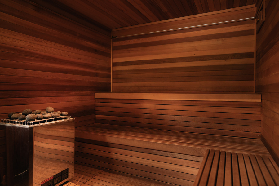 Dry sauna at Mendocino Grove, offering a relaxing amenity after a day exploring Mendocino.