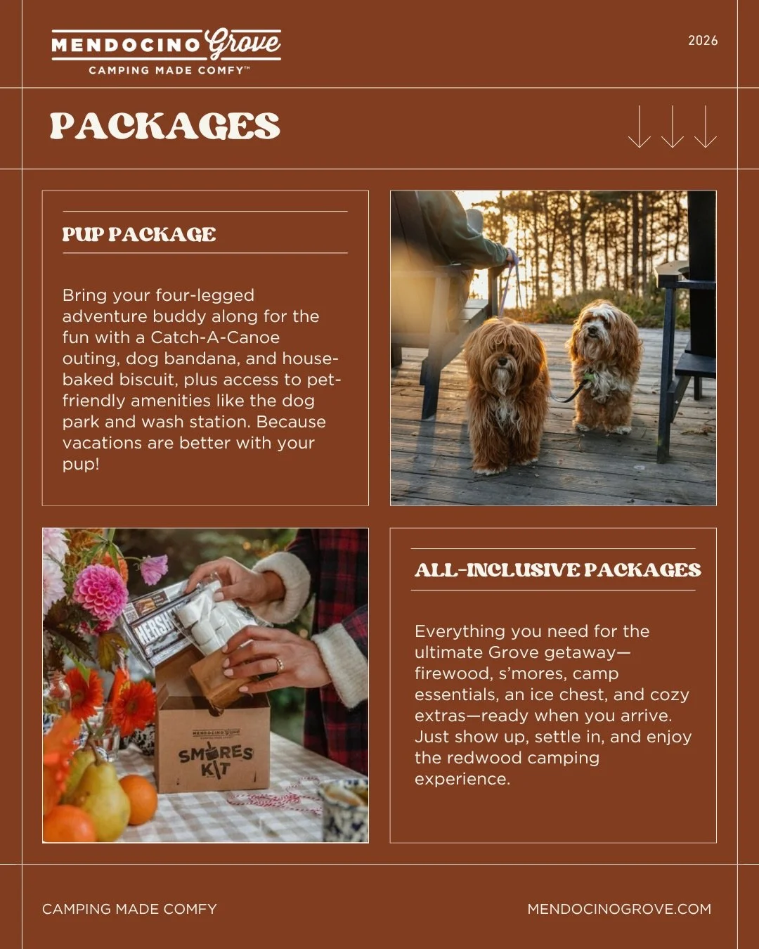 A little something extra ✨
From cozy campfire celebrations to romantic arrivals, pup-friendly perks, and all-inclusive comforts &mdash; our packages are designed to make your stay at the Grove even more memorable.

Just show up, settle in, and let us