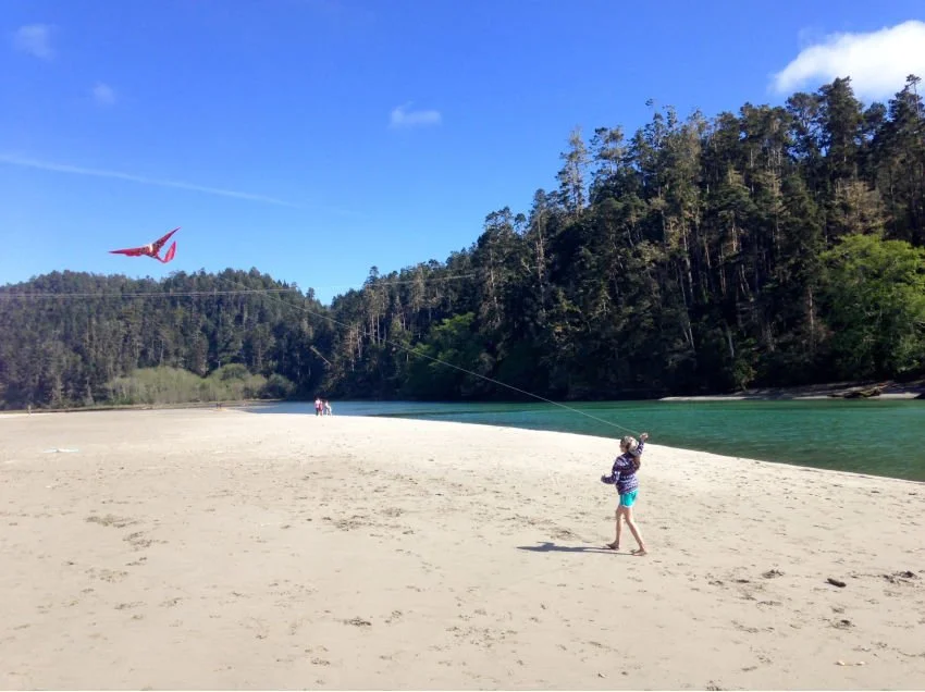Kid Flying a Kite on the Big River in Mendocino, CA