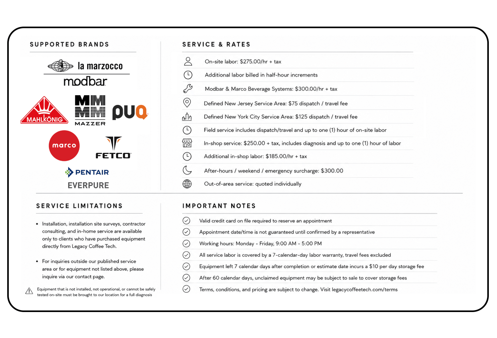 Service and pricing information document for Legacy Coffee Tech, featuring supported brands logos on the left and service & rates, service limitations, and important notes sections on the right.