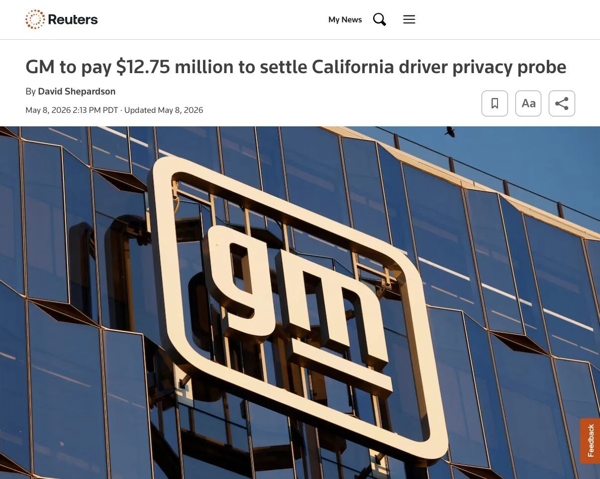 Reuters headline: GM to pay $12.75 million to settle California driver privacy probe, May 2026