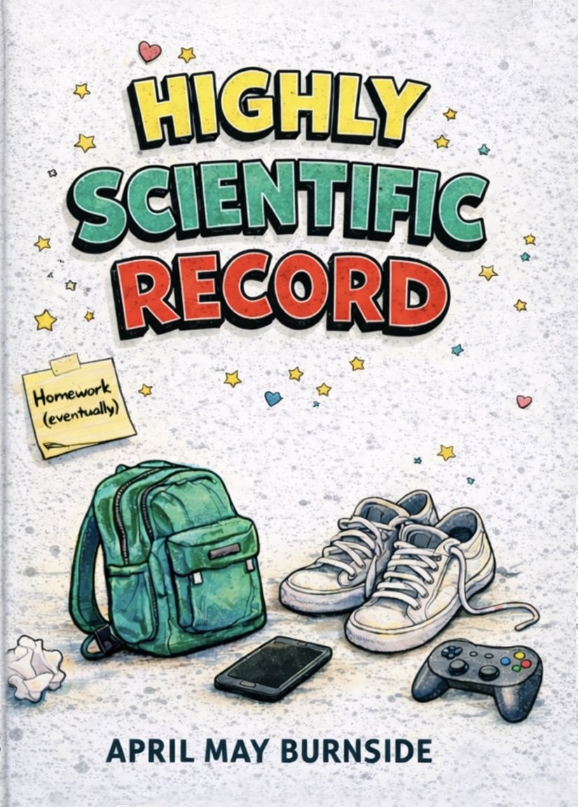 Book cover titled "Highly Scientific Record" by April May Burnside. Features a green backpack, white sneakers, a smartphone, and a game controller, with a note that says "Homework eventually." The background is speckled with colorful stars and hearts.