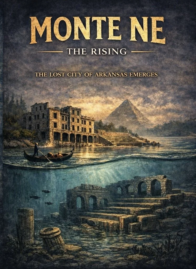 Artwork depicting the submerged ruins of a city with ancient stone structures, a boat with a person, and modern buildings above water, under a cloudy sky, representing the lost city of Arkansas, Monte Ne.