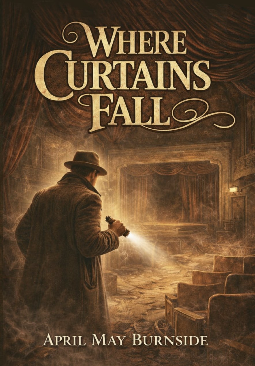 Book cover for "Where Curtains Fall" by April May Burnside, depicting a vintage theater with a man in period clothing and a hat holding a flashlight, illuminating the stage and empty seats.