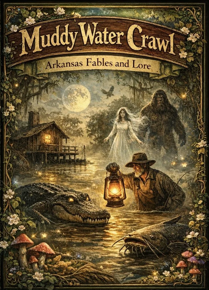 A fantasy scene with a full moon, a woman in a white dress, a Bigfoot, an alligator, a catfish, an old man with a lantern, and a wooden cabin with lit windows, surrounded by flowers and glowing fireflies.