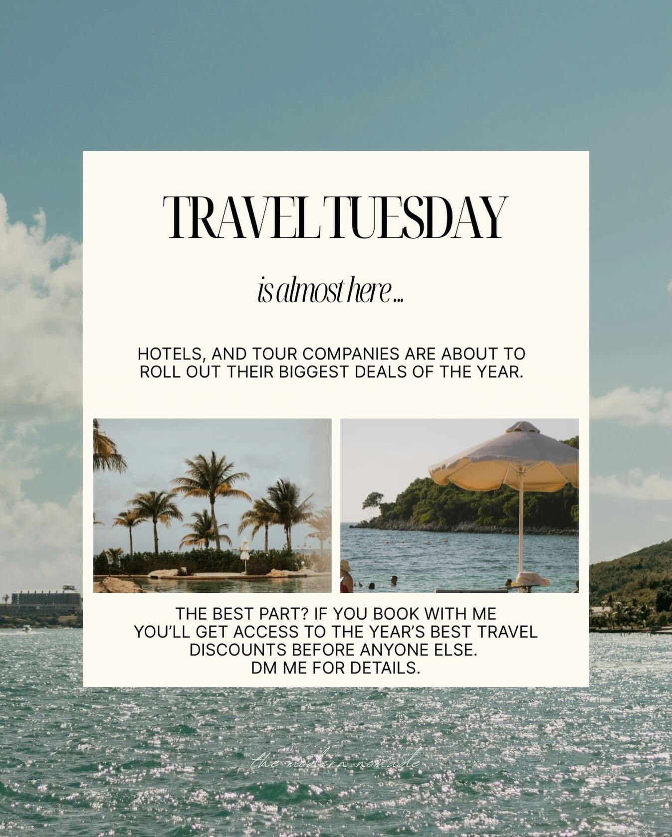 Black Friday + Cyber Monday? Move over &mdash; Travel Tuesday is where the real magic happens.💫

A friendly reminder that you can (and should!) book your Travel Tuesday deals through me for all the best prices &mdash; plus the VIP perks, upgrades, a