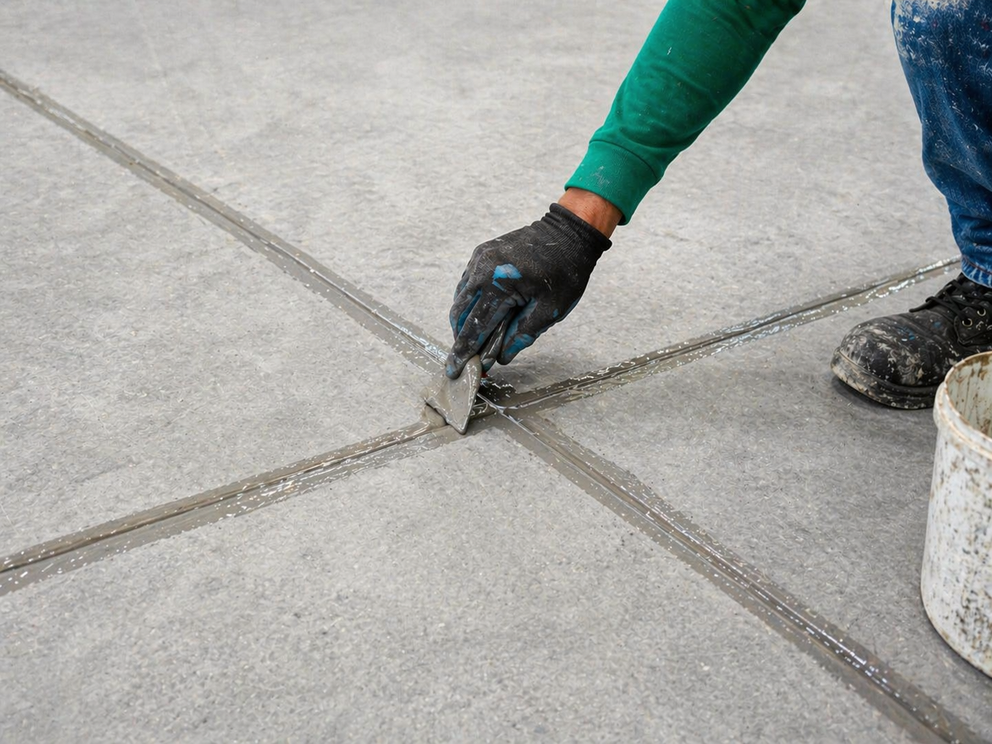 Persona colocando juntas de construcción en el suelo con espátula y guantes negros.