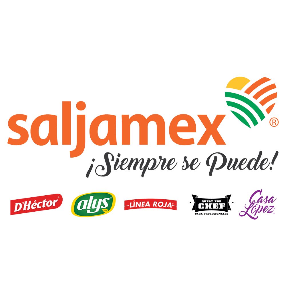 Logotipo de la marca Saljamex y sus asociados, con el eslogan "¡Siempre se Puede!" en letras gris oscuro y diferentes marcas de productos en la parte inferior.