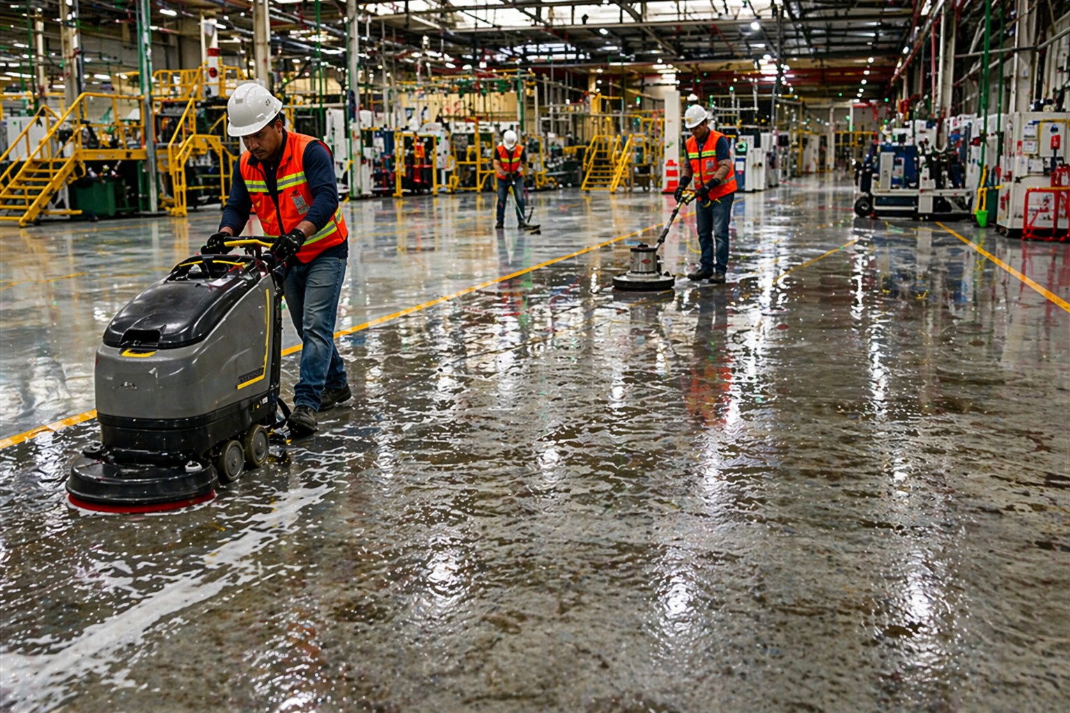 Personal de limpieza en una fábrica o almacén con piso de concreto, utilizando maquinaria para limpiar el área y eliminar agua o suciedad.