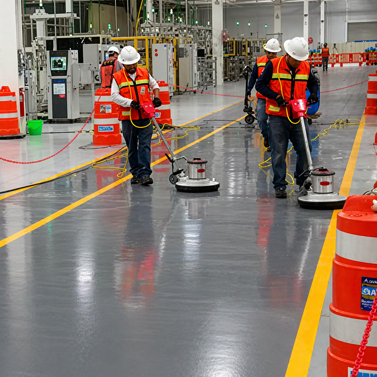 Trabajadores usando pulidoras en una fábrica con piso brillante y maquinaria en el fondo.