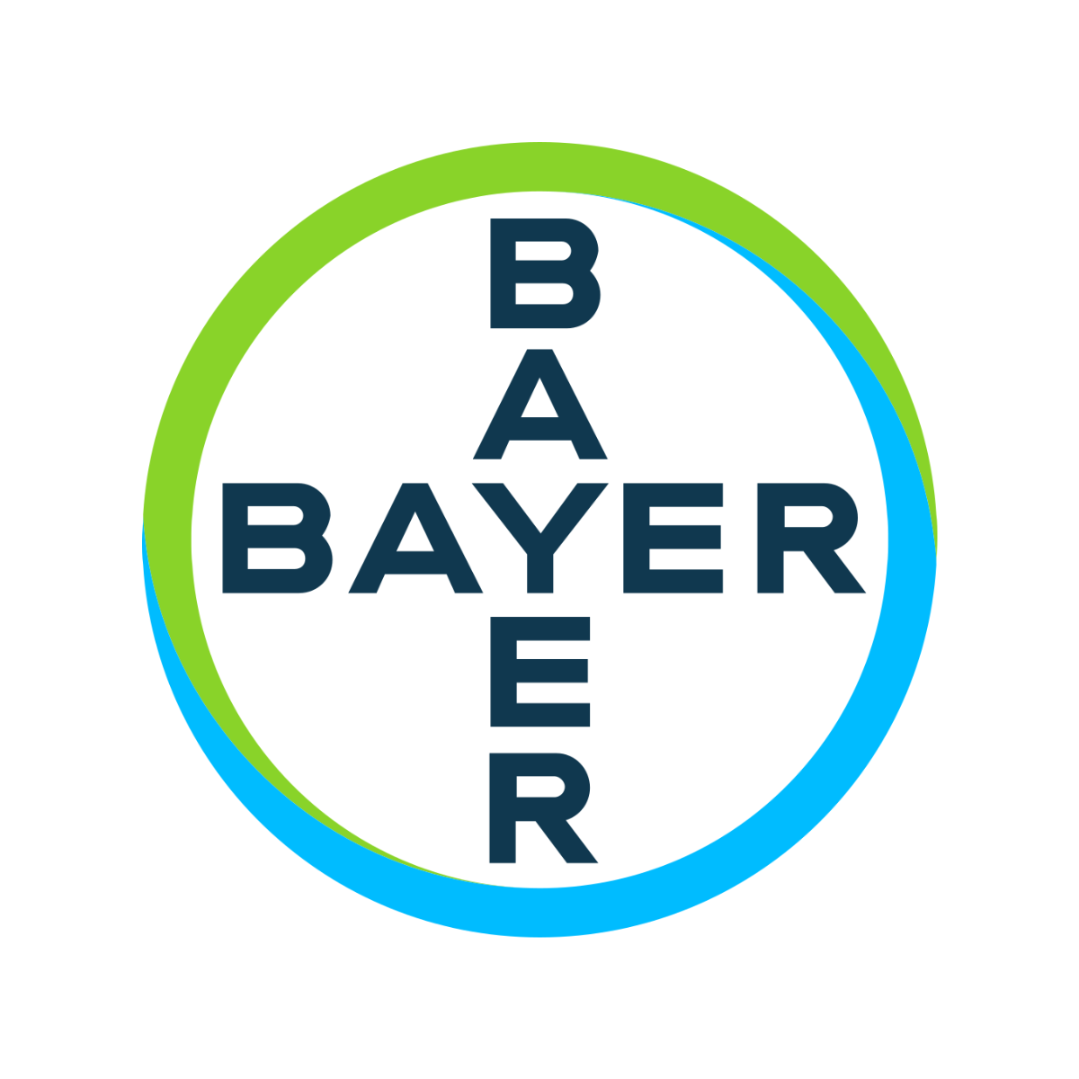 Logotipo de Bayer con letras en forma de cruz dentro de un círculo con borde en degradado de verde y azul.