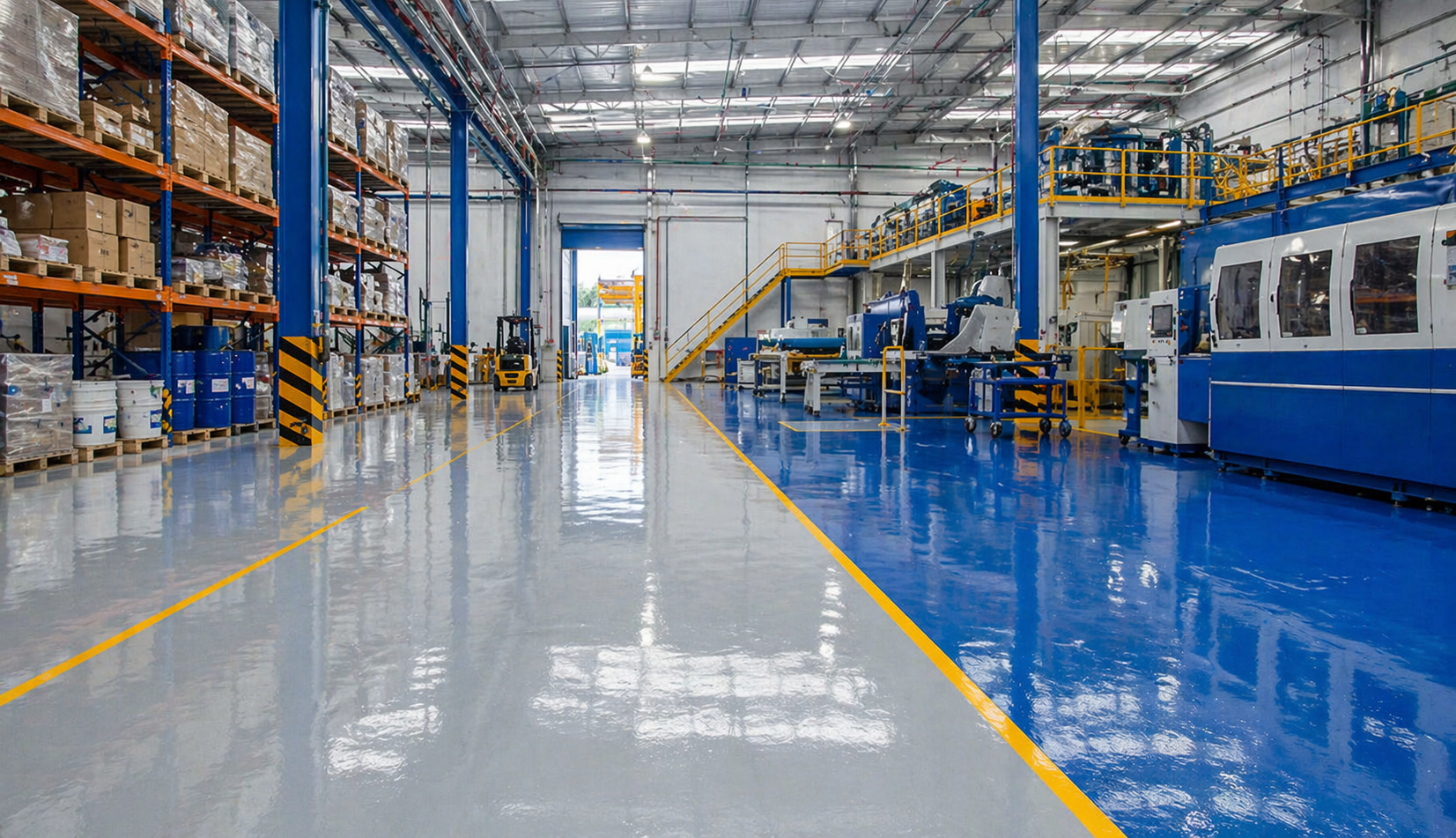Interior de un almacén industrial con estantes llenos de cajas y tambos, maquinaria azul y amarilla, un montacargas, y piso brillante con líneas amarillas delineando áreas de trabajo.