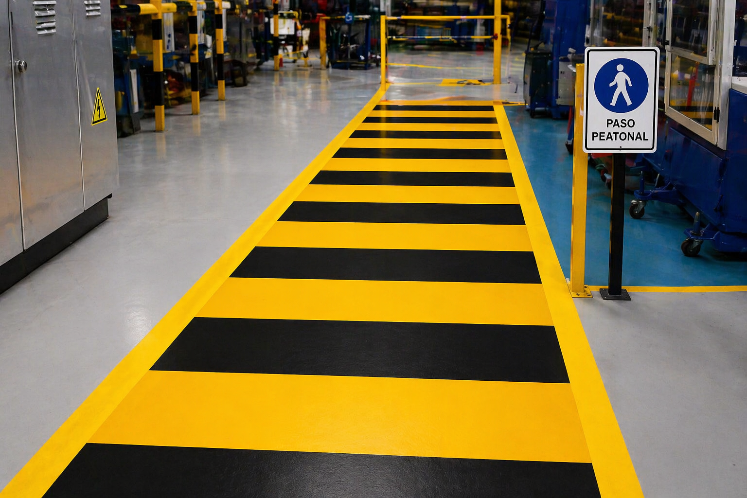Camino peatonal pintado en amarillo y negro en un espacio industrial con señal de paso peatonal.