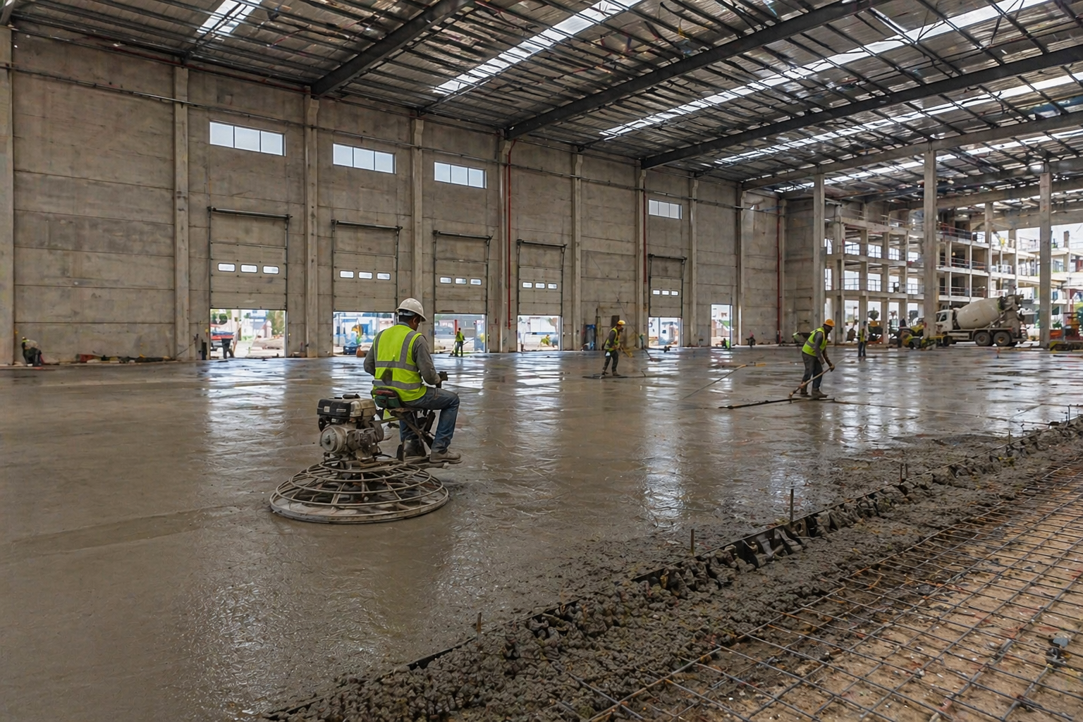 Trabajadores en una construcción de un edificio, al parecer en la fase de vertido y nivelado de concreto en el piso.
