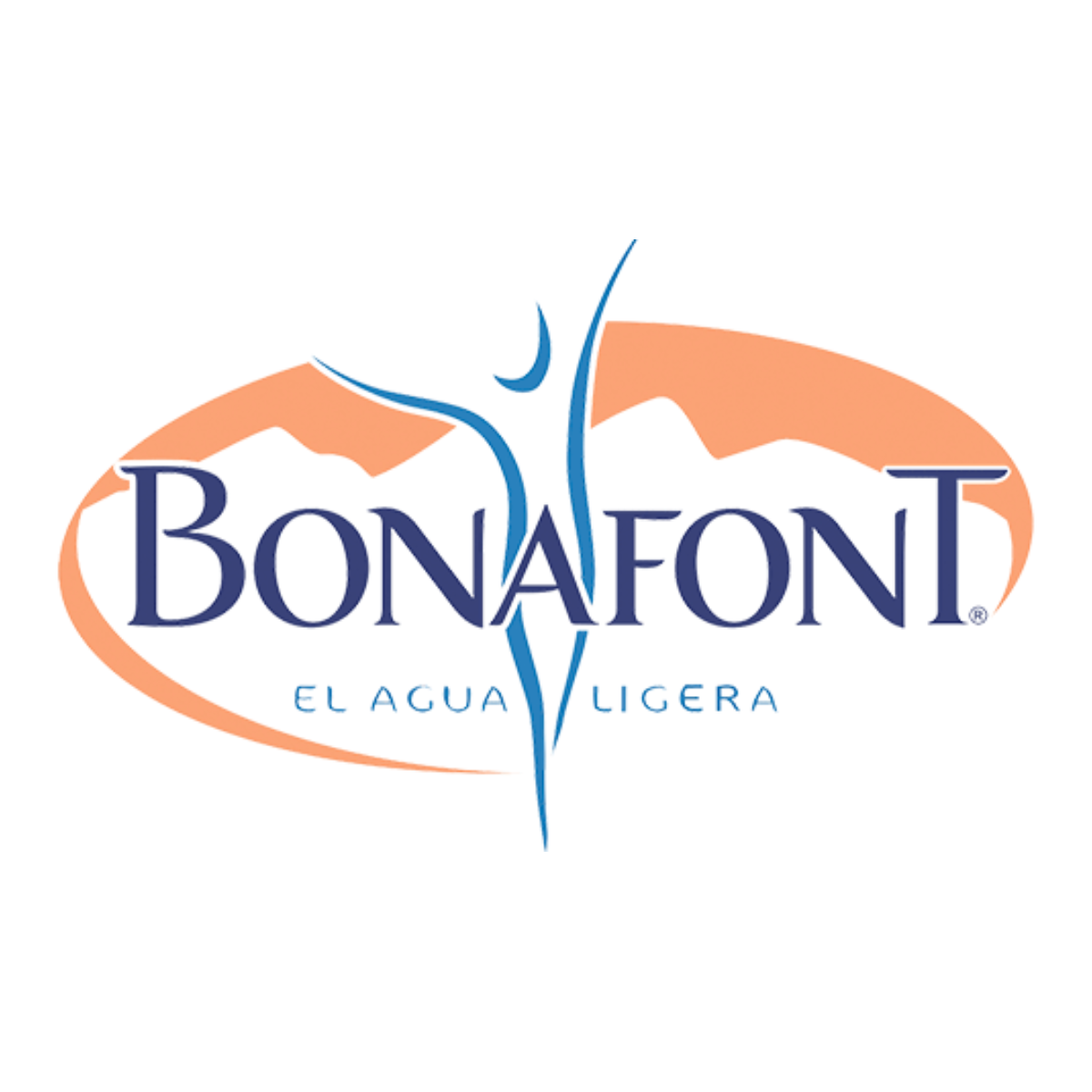 Logotipo de BonaFON con una montaña de fondo y una gota de agua gigante que atraviesa el texto, y el lema 'El agua ligera' en la parte inferior.