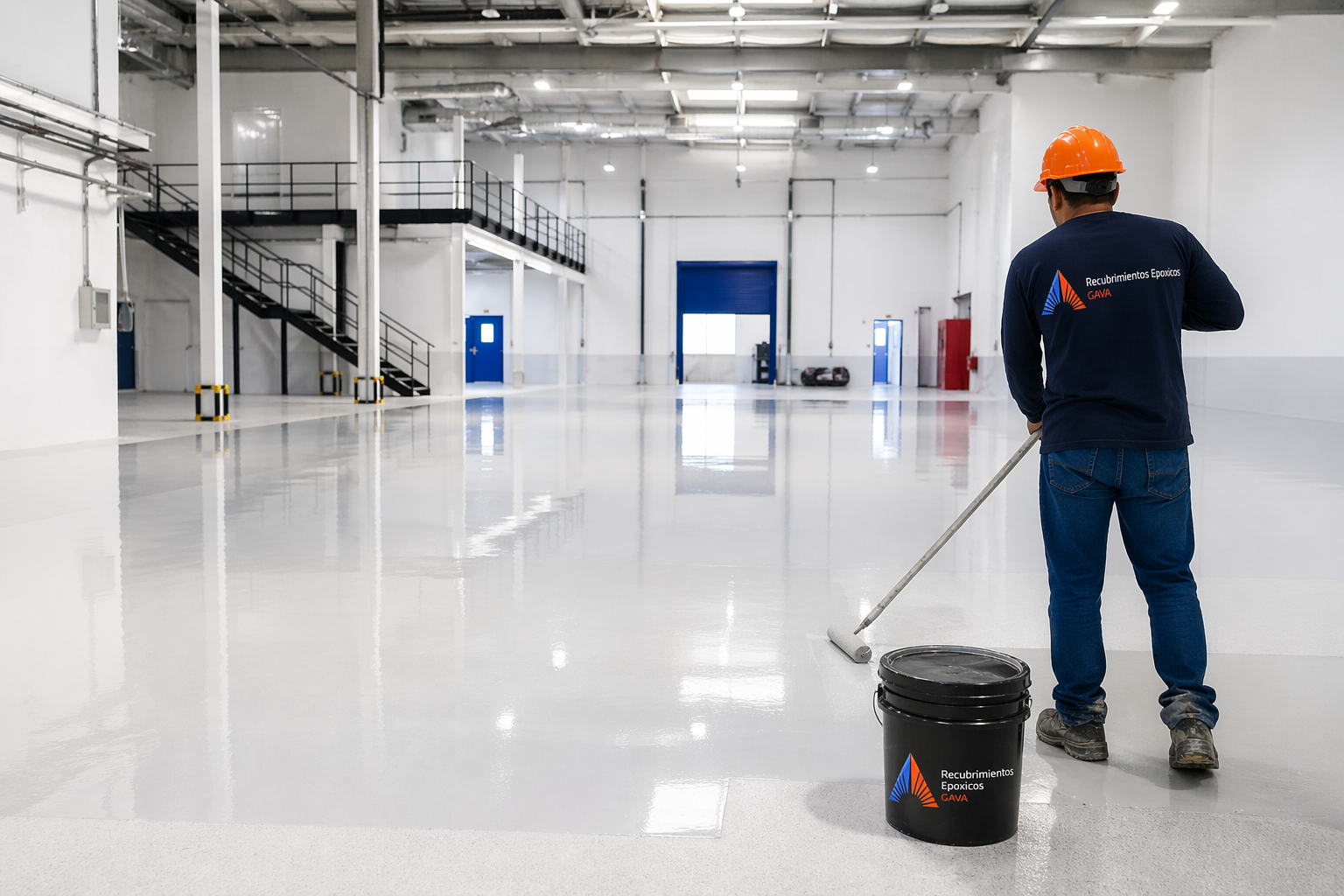 Personal de limpieza trabajando en el piso de un almacén industrial con suelo brillante y paredes blancas, con un colorido logo de Recubrimientos Epóxicos GAVA en su camiseta y cubeta.