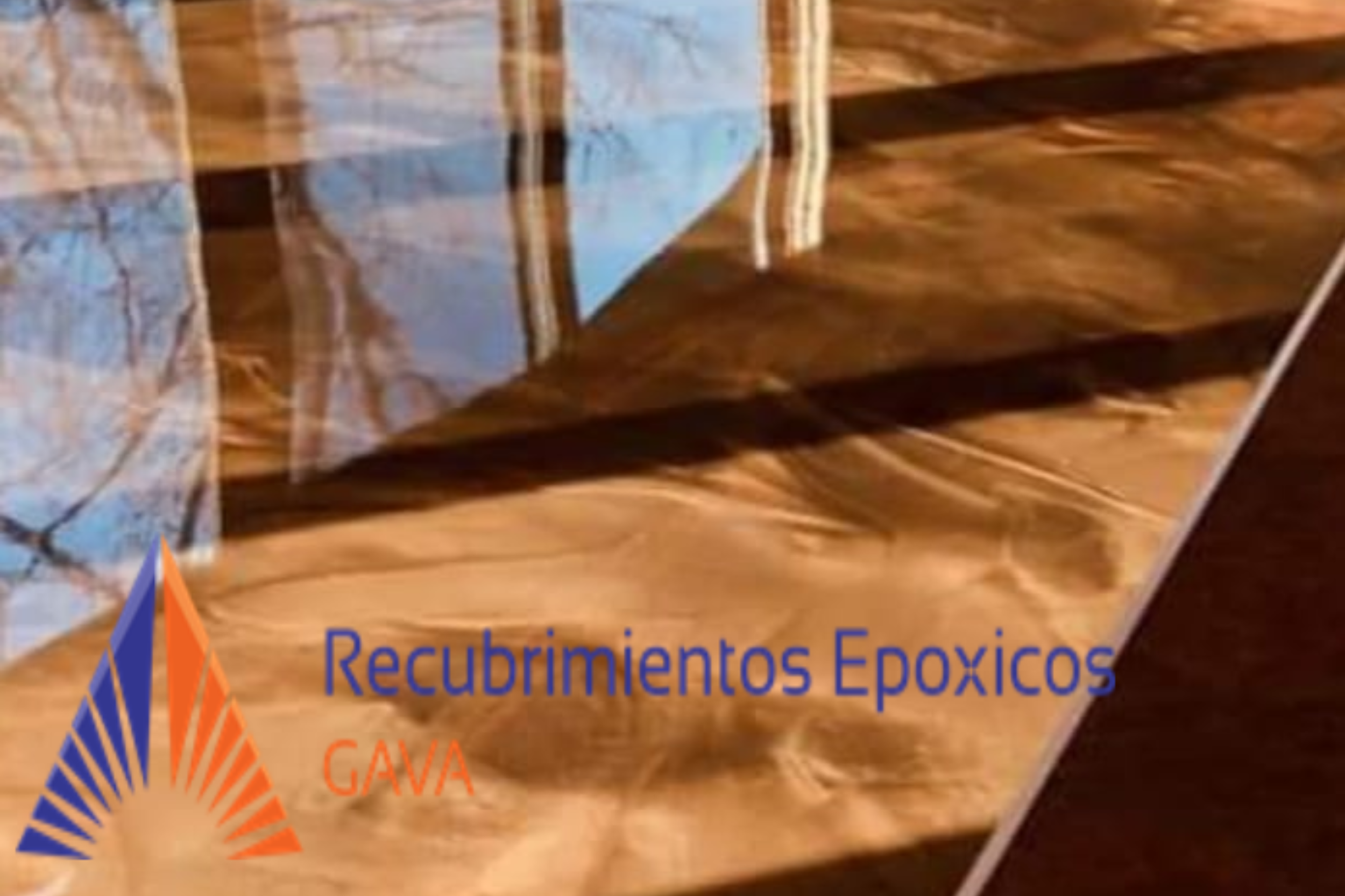 Etiqueta de un producto de recubrimiento epóxico con detalles en azul y naranja, con texto en español que dice 'Recubrimientos Epóxicos' y 'Gava'.