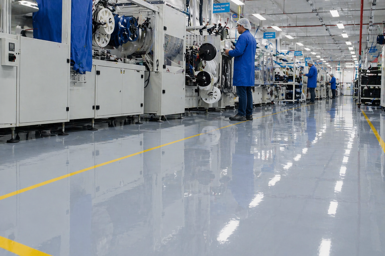 Hombres trabajan en una fábrica, revisando maquinaria industrial.