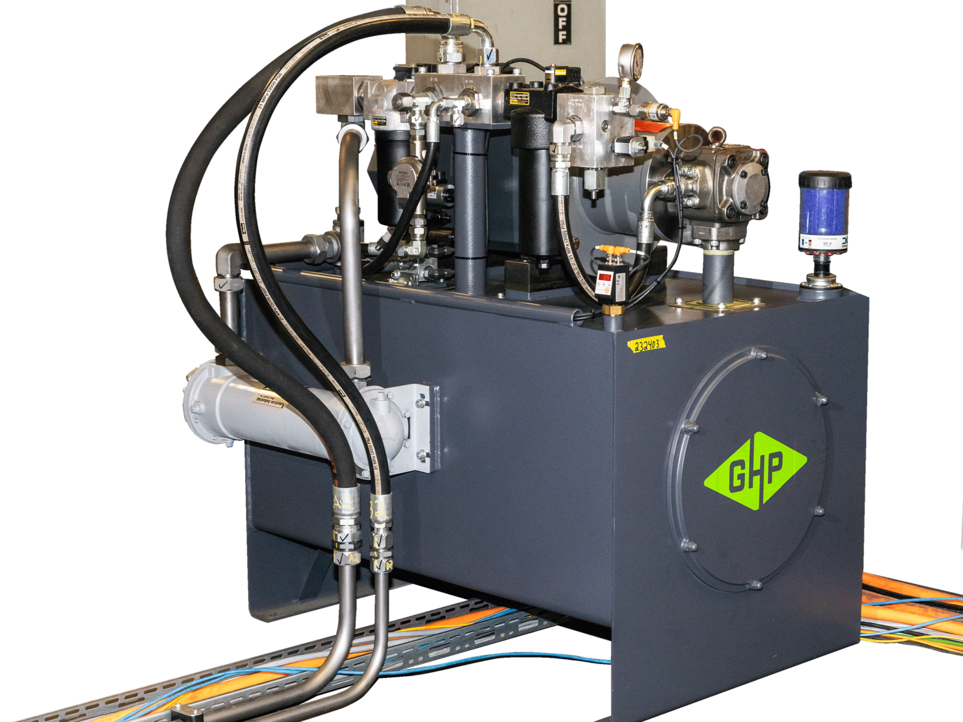 A hydraulic power unit with multiple hydraulic lines and gauges, featuring a blue filter and a GHP logo on the side, set against a black background.