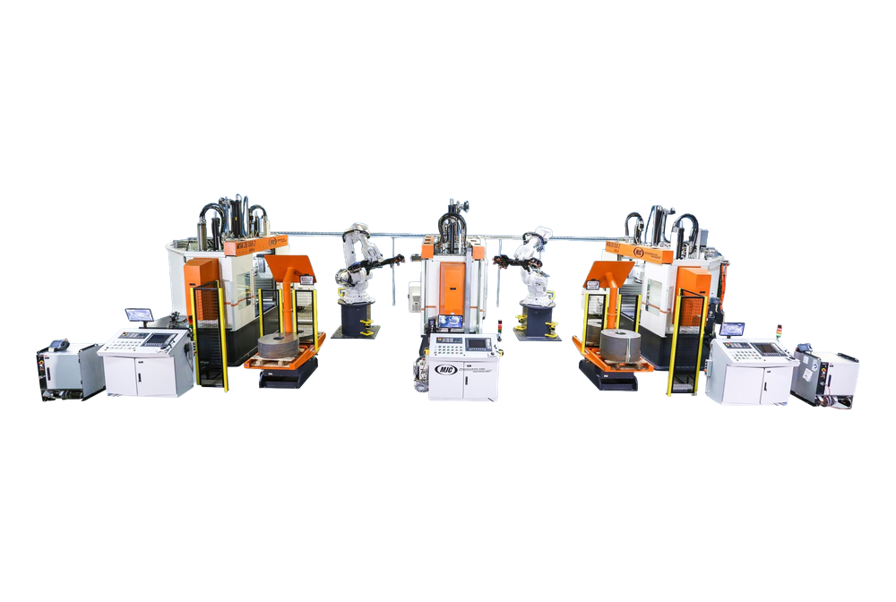 Automated industrial robotic assembly line with multiple robotic arms, workstations, and control panels