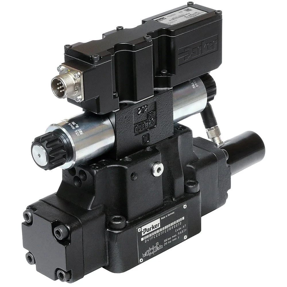 Industrial hydraulic component with black and metallic parts, including a valve, connector, and other attachments, marked with brand and technical details.