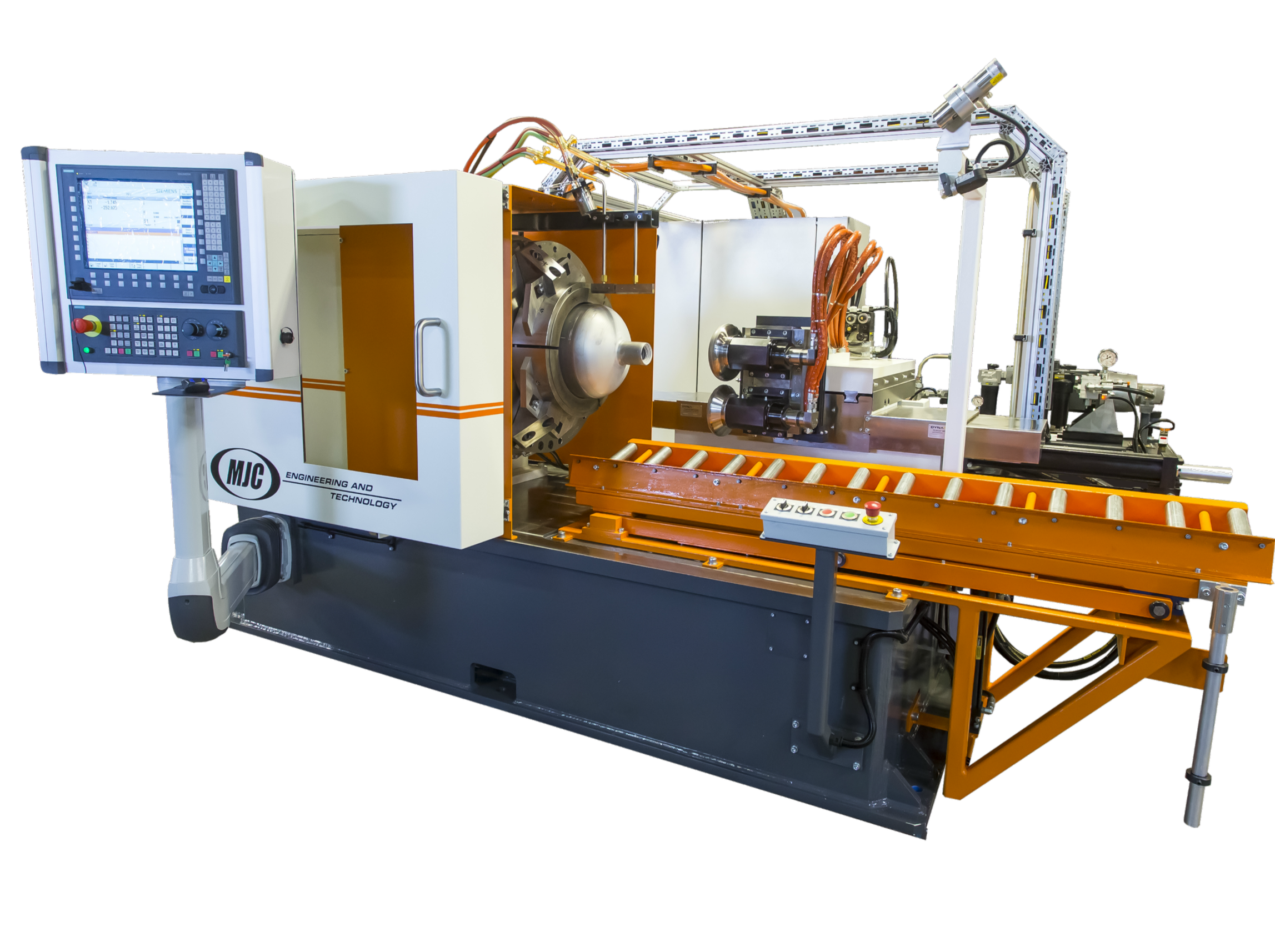 Industrial CNC machine with control panel, orange rail, and mechanical components for manufacturing or engineering processes.