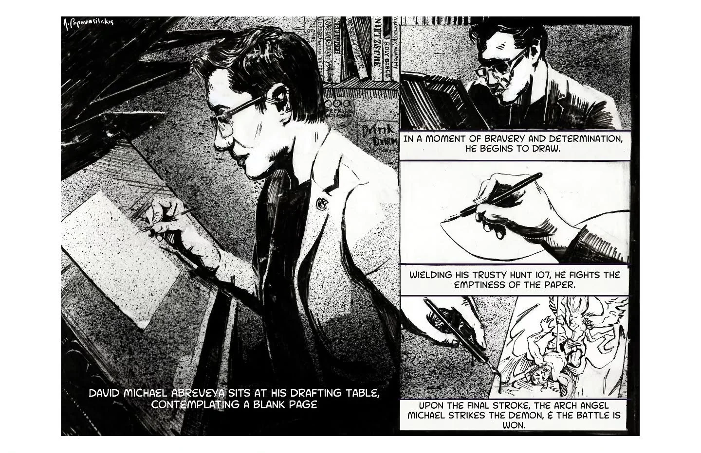 A portrait of the amazing @david_abrevaya 💫 Since he is a storyboard and comic book artist, it only felt right to make this a sequential piece. I feel super privileged to be learning from him ✨️

Pen and Ink retouched on Photoshop 

#sequentialart #