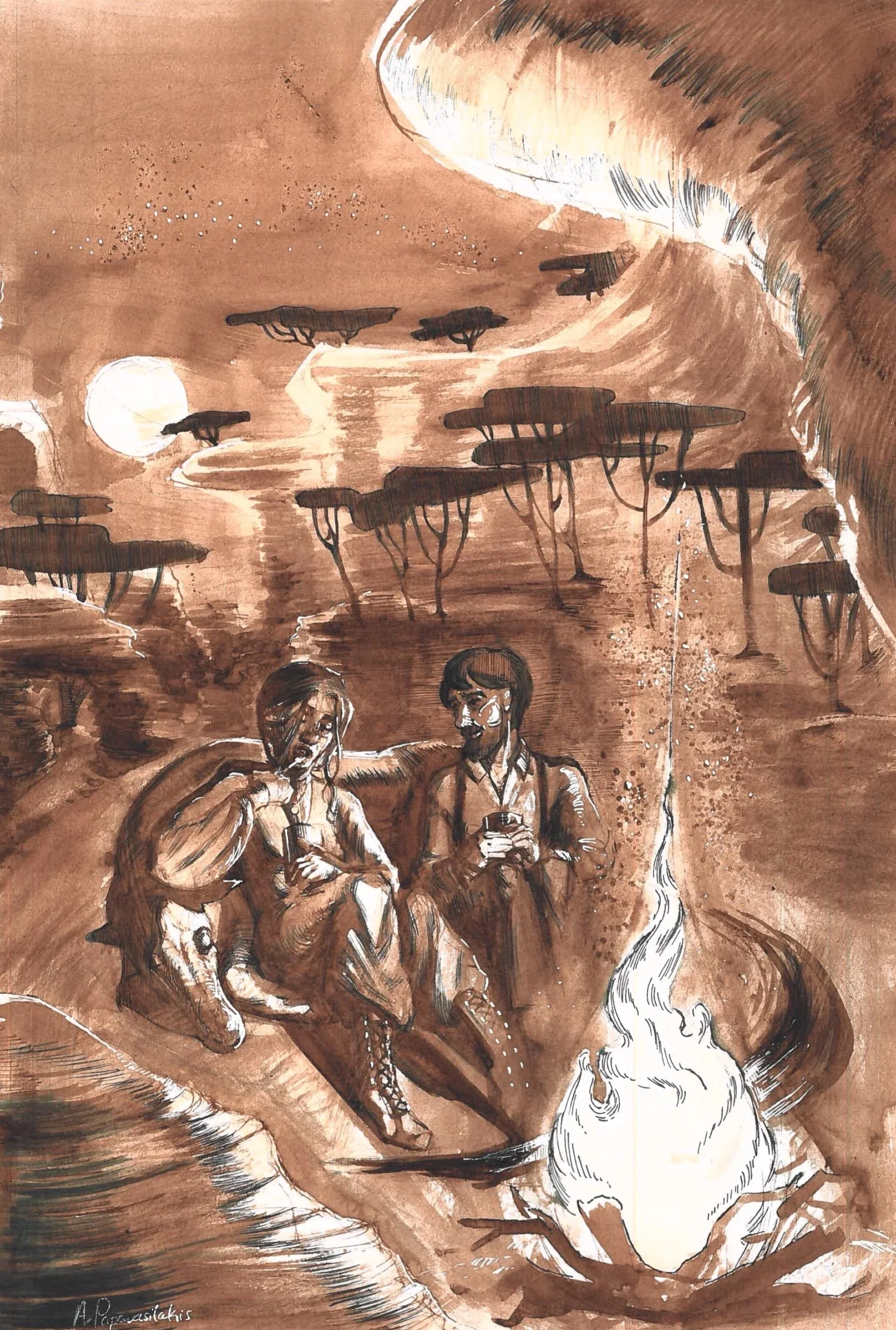 Silver Veil, Walnut Ink and Green Ink on Paper.