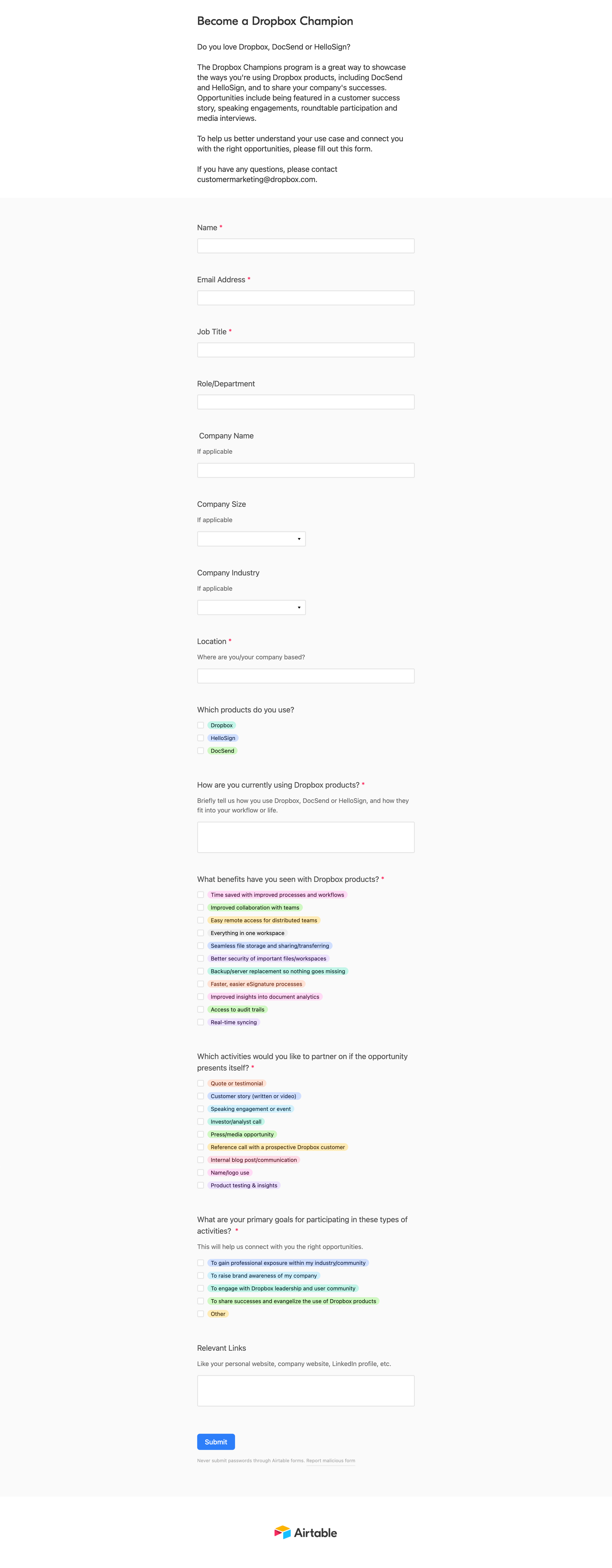 Customer in-take form for the Dropbox Champions program (click to view full doc)