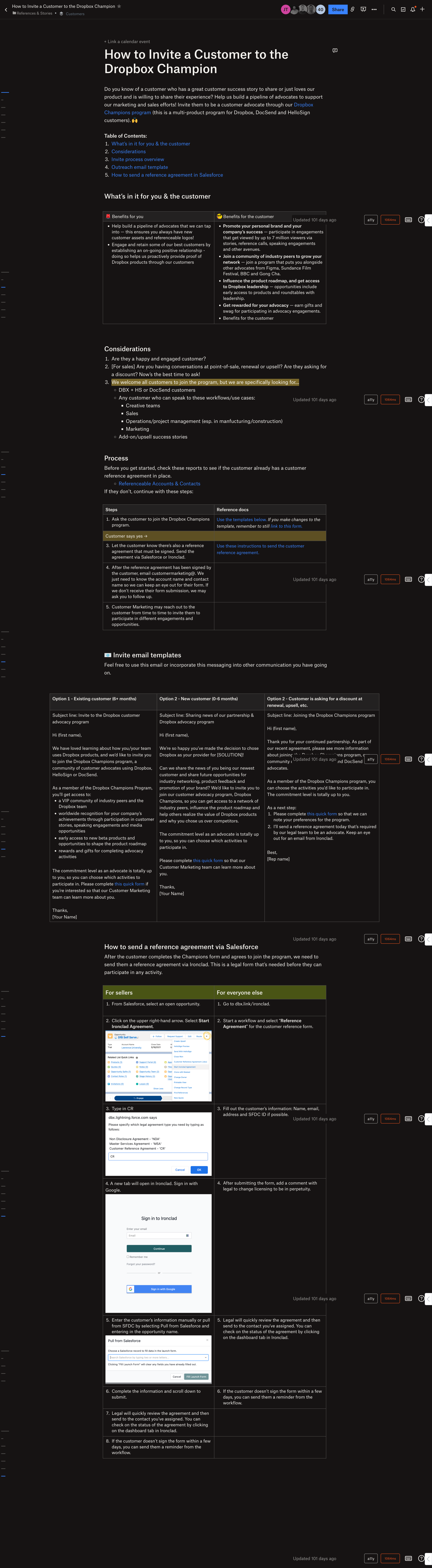 Internal doc explaining Dropbox Champions program & process for inviting customers, shared with sales and other customer-facing teams (click to view full doc)