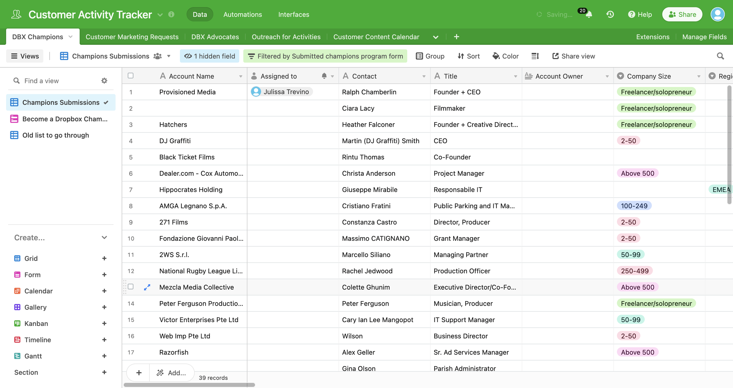 Internal database of Dropbox Champions, shared with cross-functional stakeholders