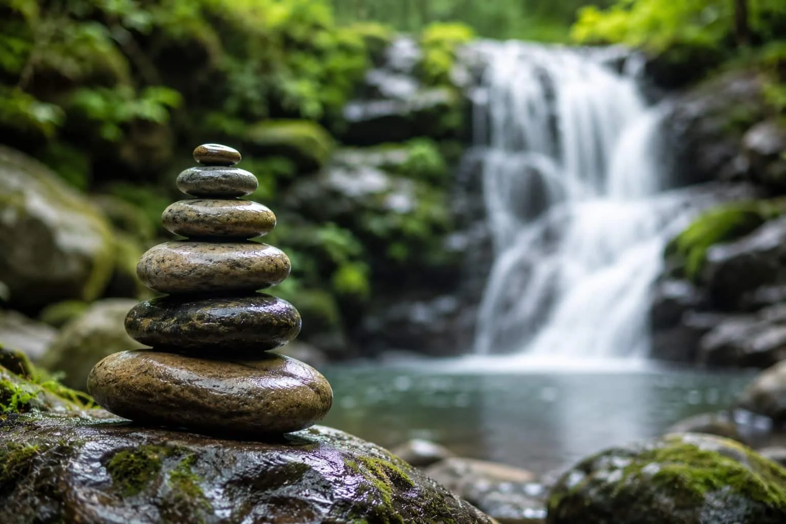 Stacked rocks in front of a flowing waterfall in a lush, green forest.