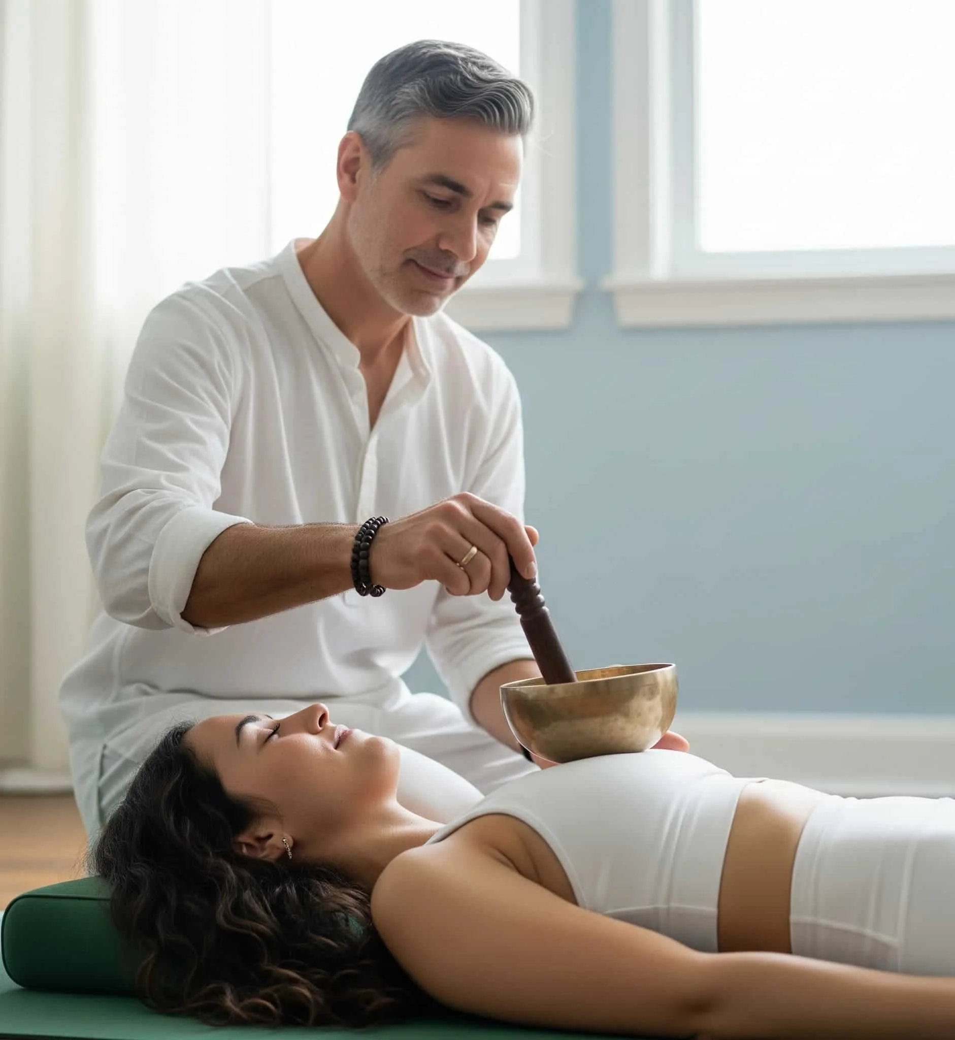 A man performing sound therapy on a woman who is lying down, with a singing bowl and mallet.