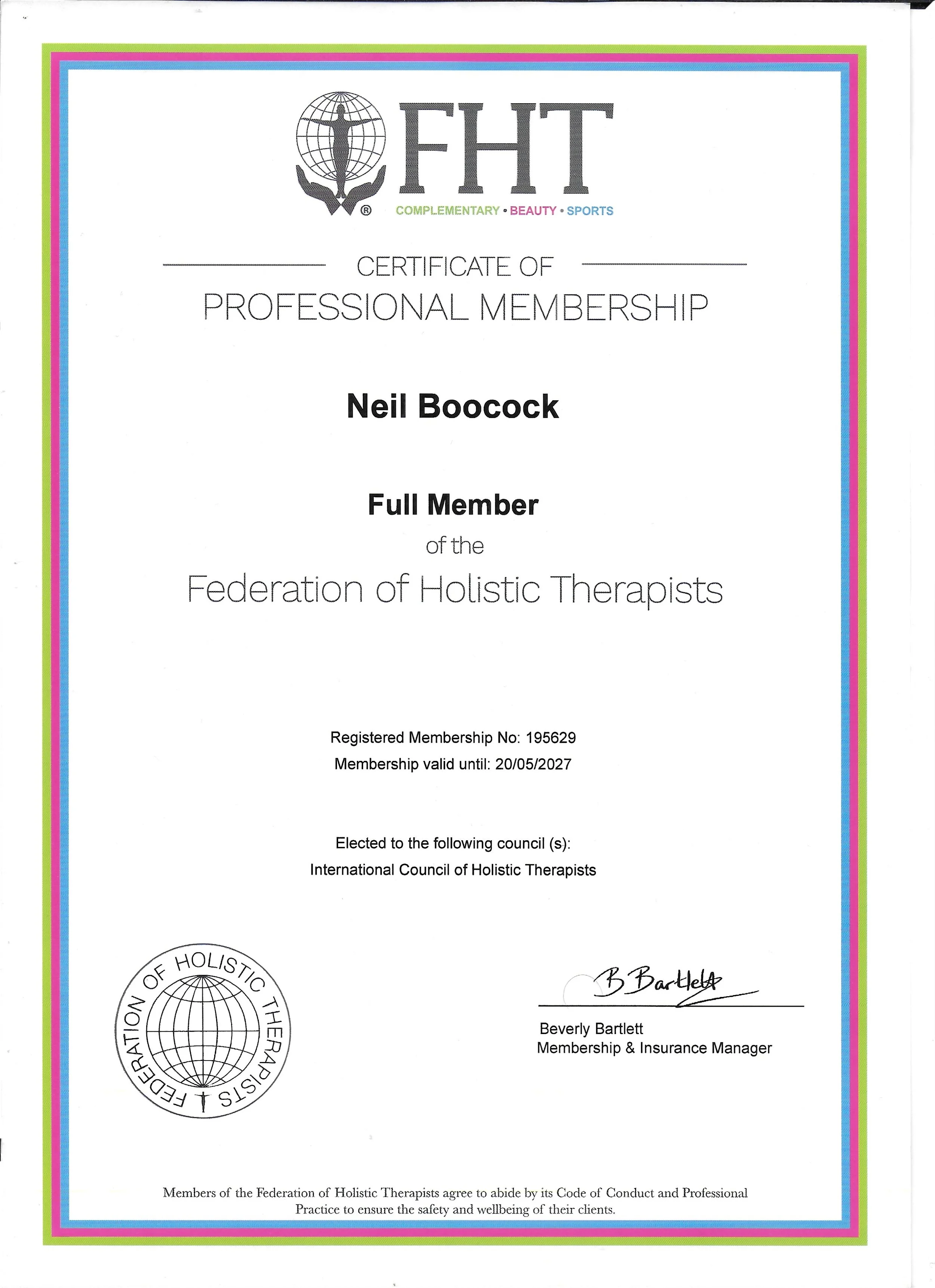 Certificate of professional membership for Neil Bocock, full member of the Federation of Holistic Therapists, signed by Beverly Bartlett, Membership & Insurance Manager.