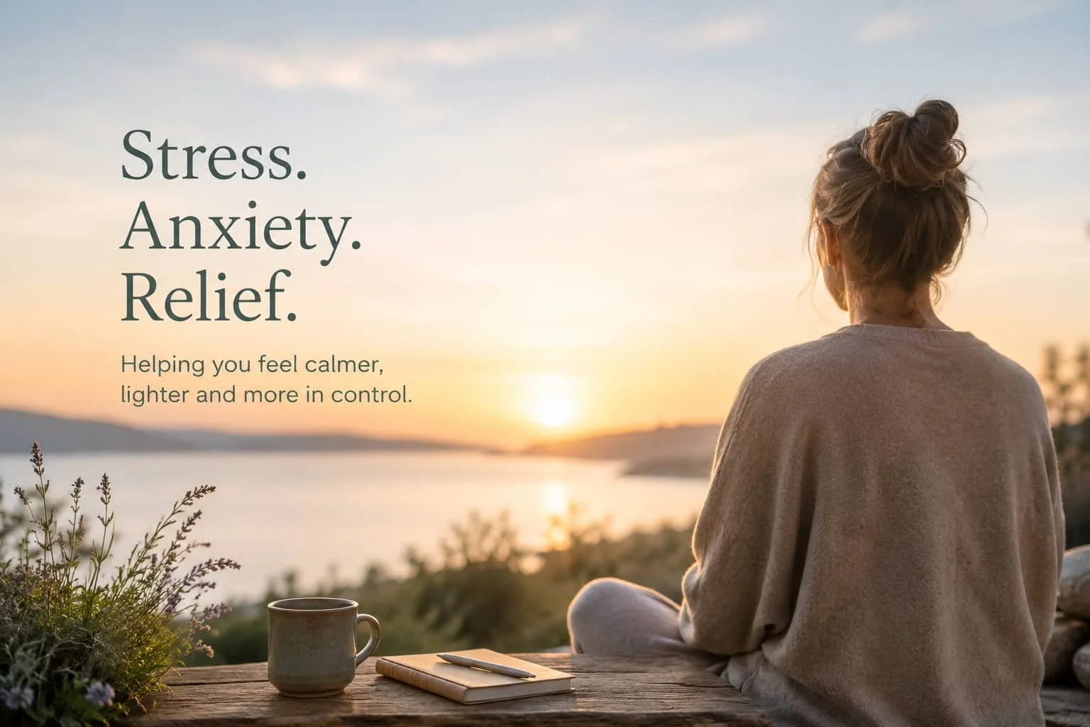 A woman sits outdoors at a wooden table with a notebook, pen, and coffee mug, watching the sunrise over a body of water, with trees in the background, promoting stress, anxiety, and relief management for feeling calmer and more in control.