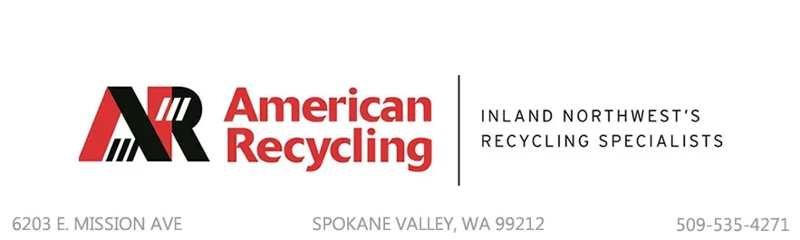 Business card for American Recycling, inland Northwest's recycling specialists, located at 6203 E. Mission Ave, Spokane Valley, WA 99212, with phone number 509-535-4271, featuring a logo with a stylized letter A and R in red, black, and white.