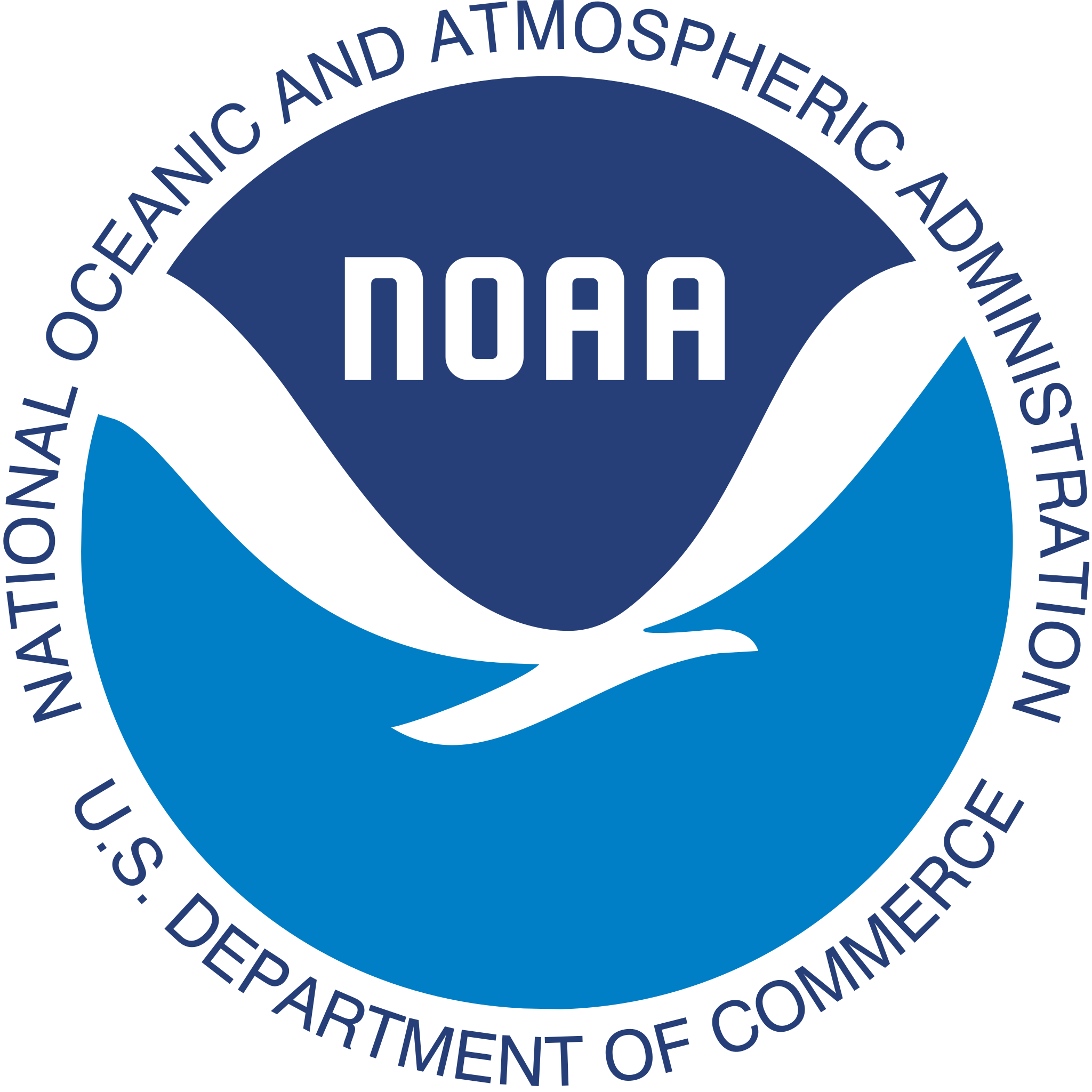 Logo of the National Oceanic and Atmospheric Administration (NOAA) featuring a stylized black and blue whale, with the words 'NOAA' inside the whale and surrounding text reading 'National Oceanic and Atmospheric Administration, U.S. Department of Commerce'.