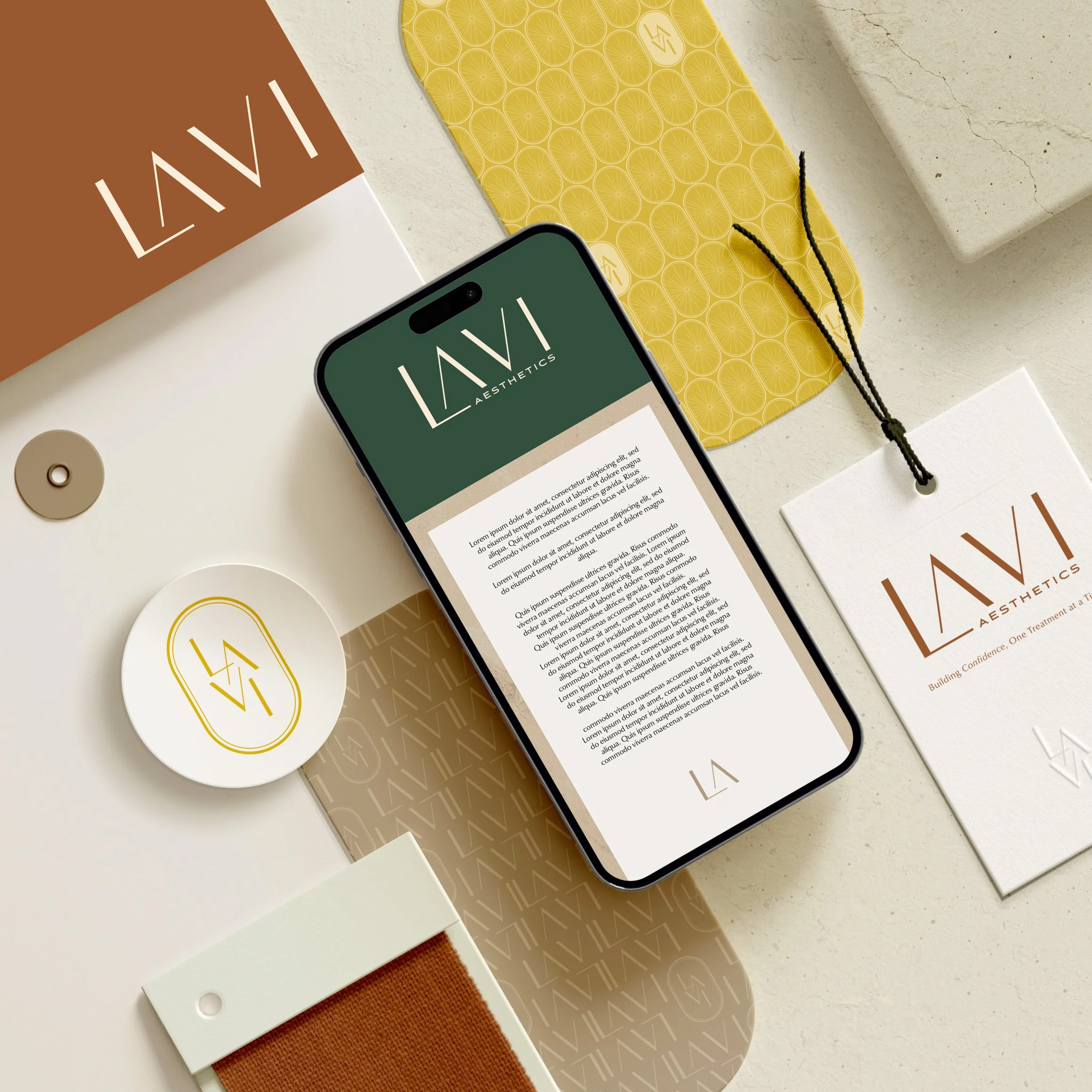 Branded mockup showing how to rebrand your business with a cohesive color palette, logo, phone mockup, and small business branding collateral