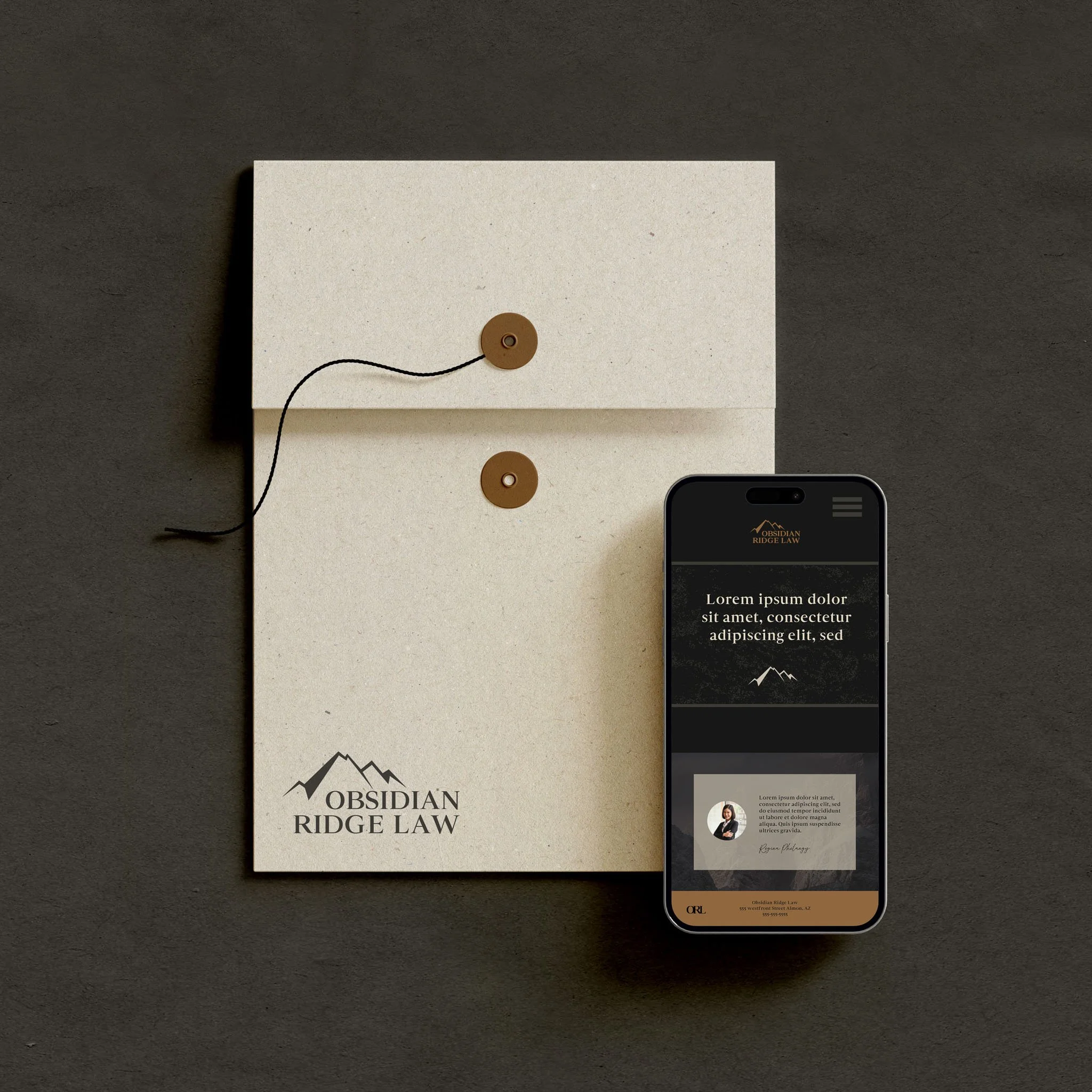 Elegant minimal branding materials for Obsidian Ridge Law, displaying why branding is important through thoughtful design elements and mobile integration.