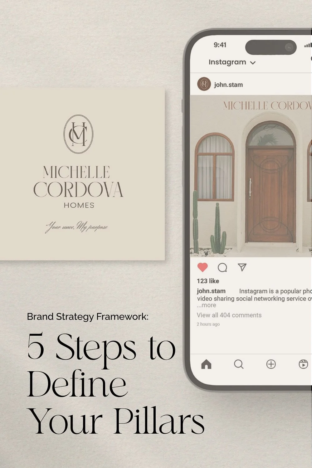 Brand strategy framework explaining five steps to define brand pillars for Pinterest sharing.