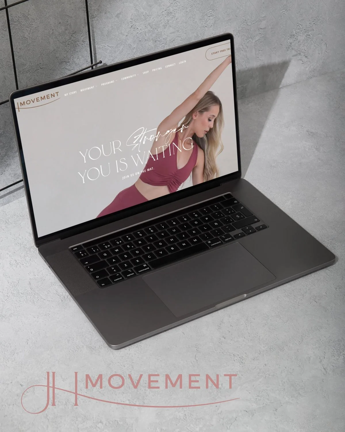 Brand messaging framework example on laptop displaying fitness brand strategy and visual presentation.