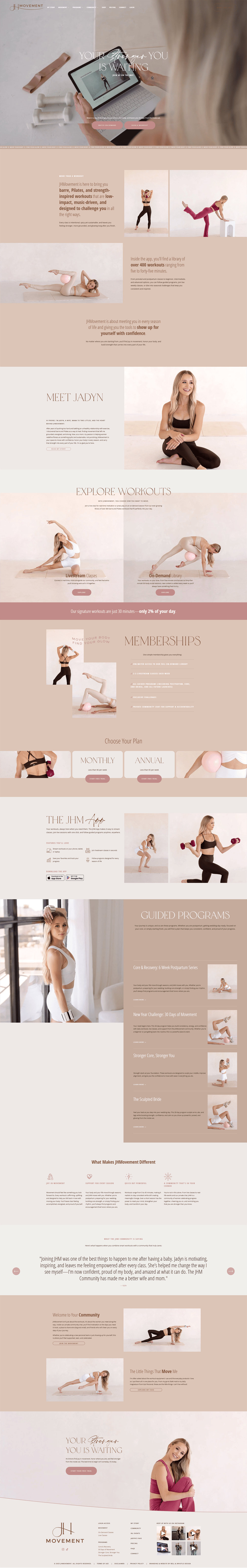 Custom homepage website design for barre and Pilates brand JH Movement.